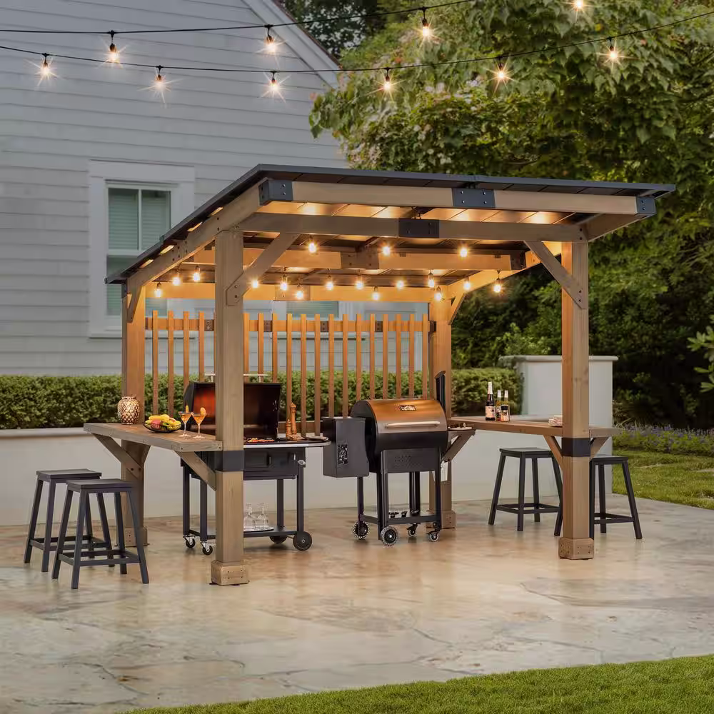 Sunjoy Wooden Grill 10 x 11 Outdoor Cedar Frame BBQ Backyard Hot Tub Gazebo with Aluminum Hardtop and Privacy Screen