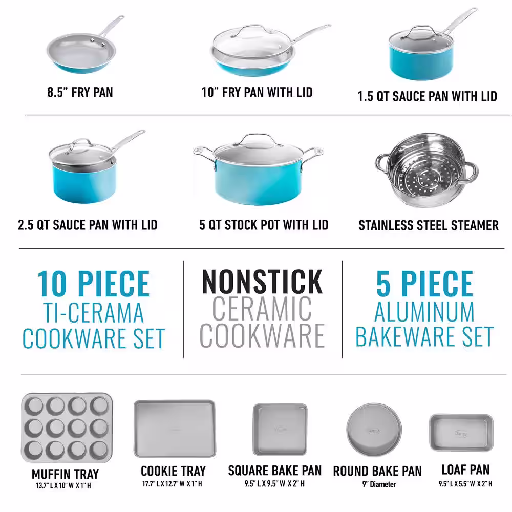 Gotham Steel 15-Piece Aluminum Ceramic Coating Nonstick Cookware and Bakeware Set in Aqua Blue