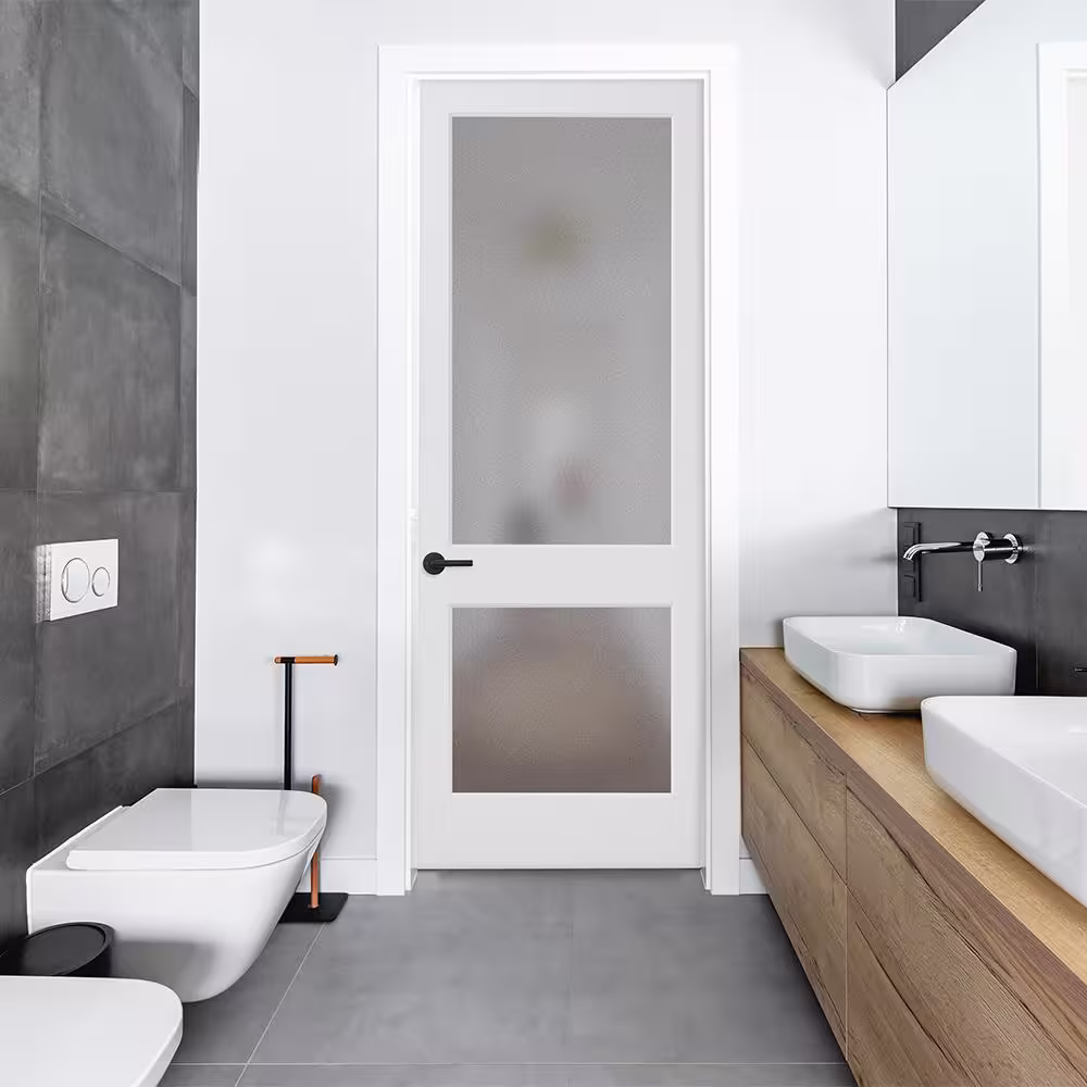 Builders Choice 32 in. x 96 in. Solid Core 2-Lite Satin Etch Glass Square Sticking Primed Wood Interior Door Slab