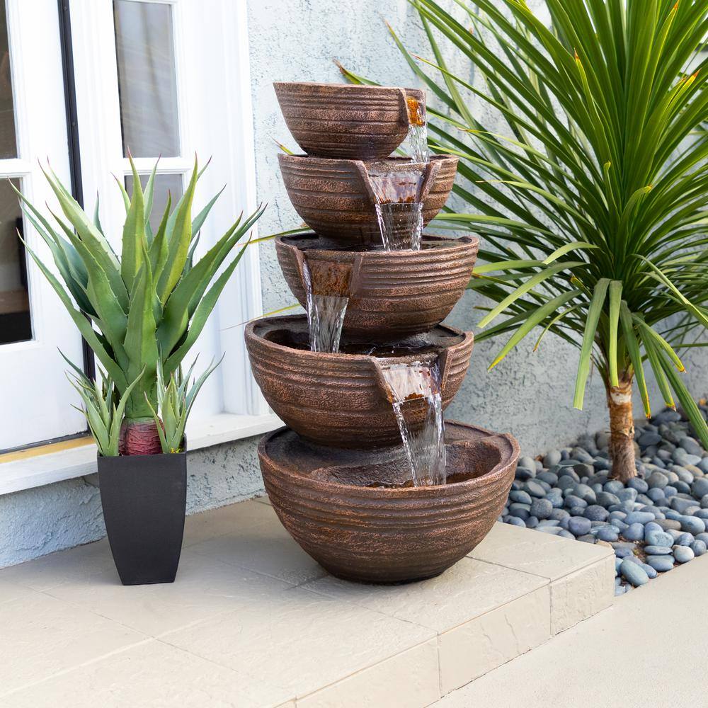 Alpine Corporation 34 in. Tall Outdoor 5-Tier Modern Bowl Cascading Waterfall Fountain with LED Lights