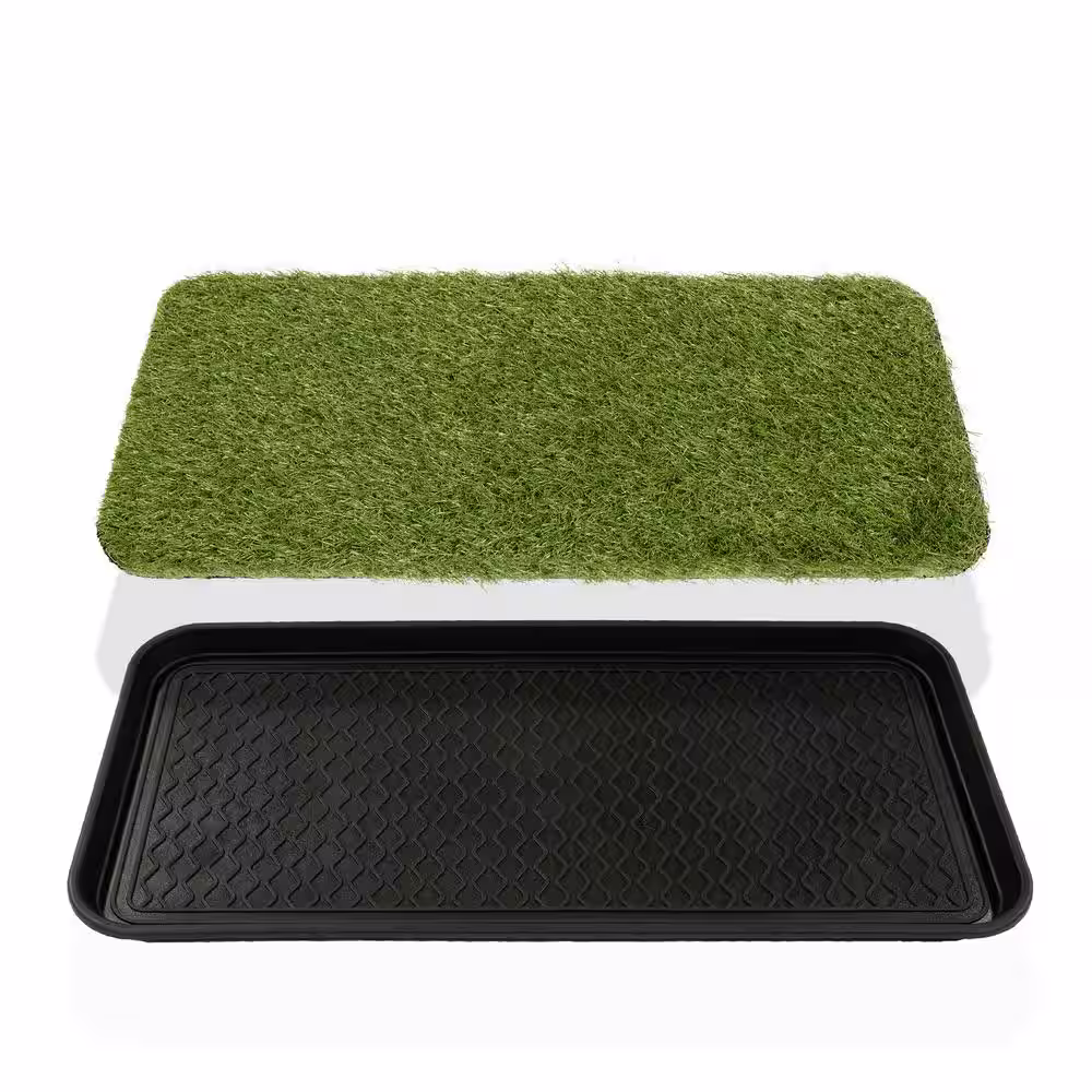 Ottomanson Pet Training Collection Non-Slip Easy Clean Indoor/Outdoor Tray with Reusable Grass Pad, 15 in. x 30 in., Green