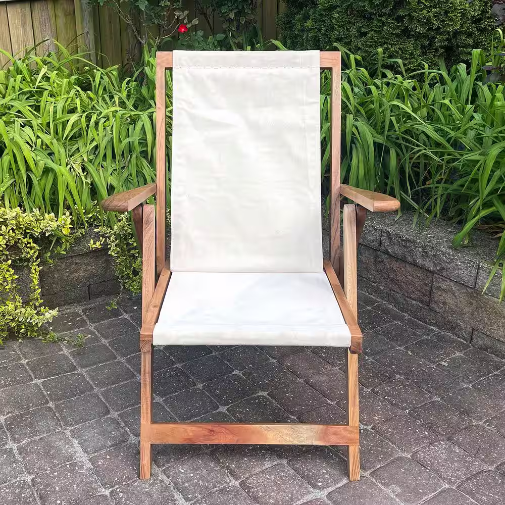 AmeriHome Acacia Wood Ivory Canvas Folding Deck Chair