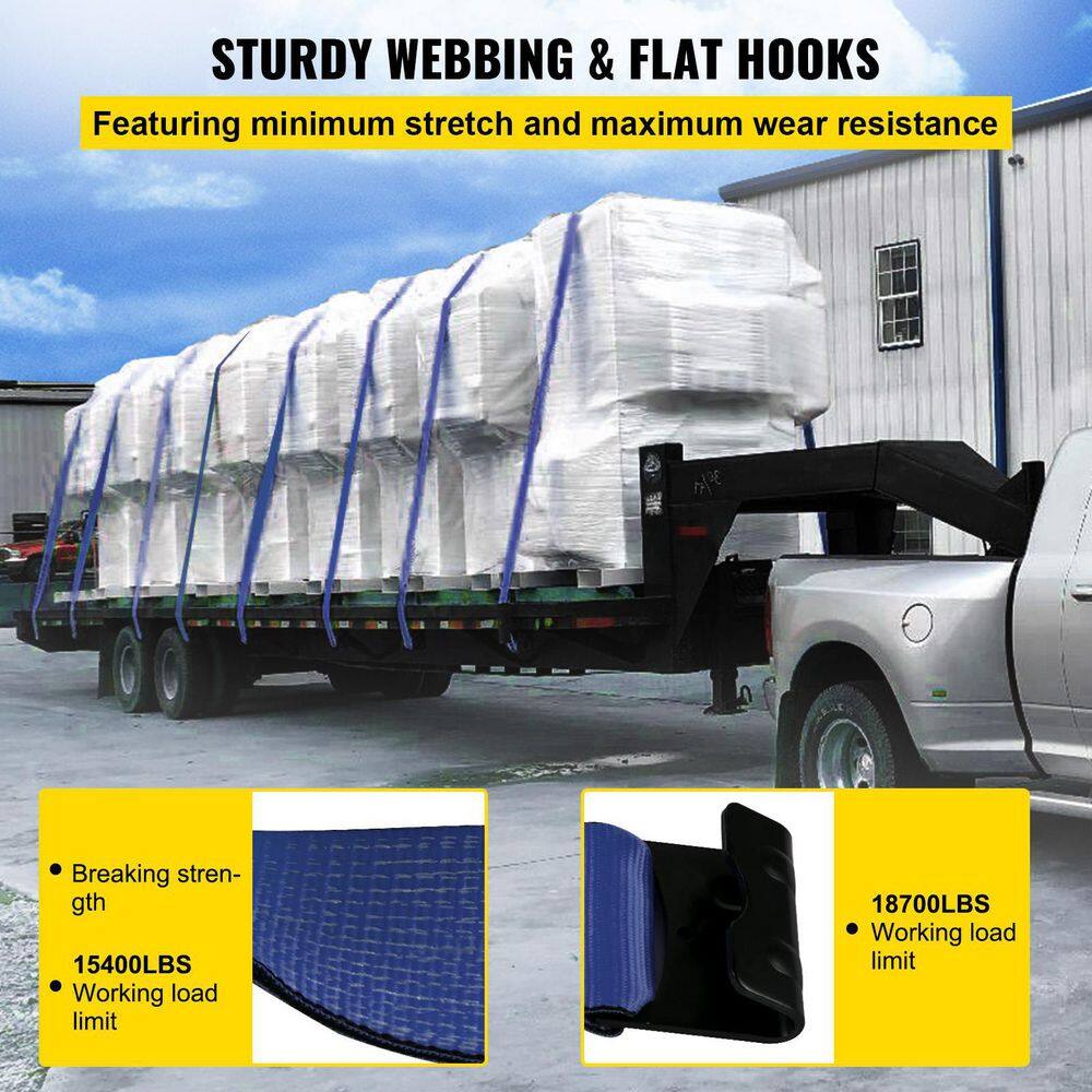 VEVOR Winch Straps 4 in. x 30 ft. Truck Straps 15,400 lbs. with Flat Hook for Trucks, Trailers, Farms Rescues in Blue (8-Pack)