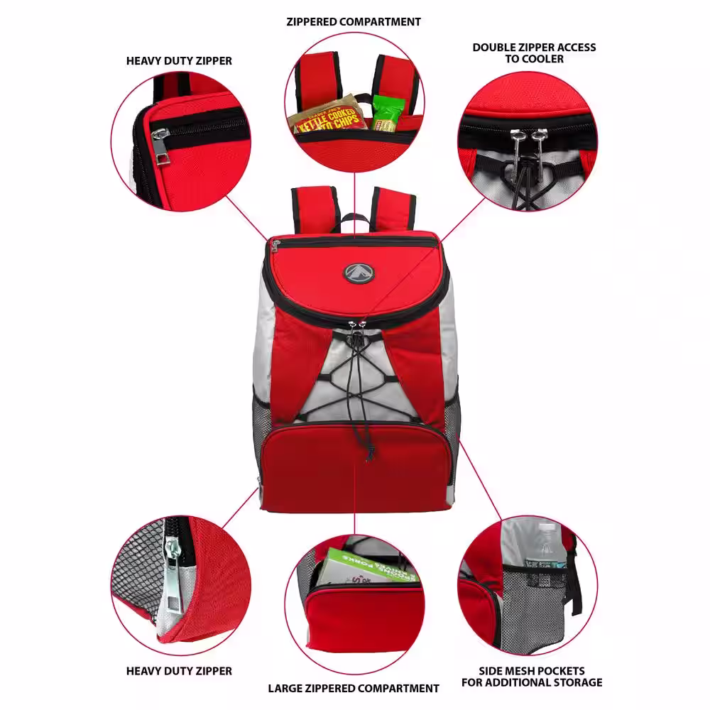 GigaTent 4-Pocket Cargo Insulated Backpack Leak Proof Soft Cooler in Red for Lunch, Picnic, Hiking, Beach and Park