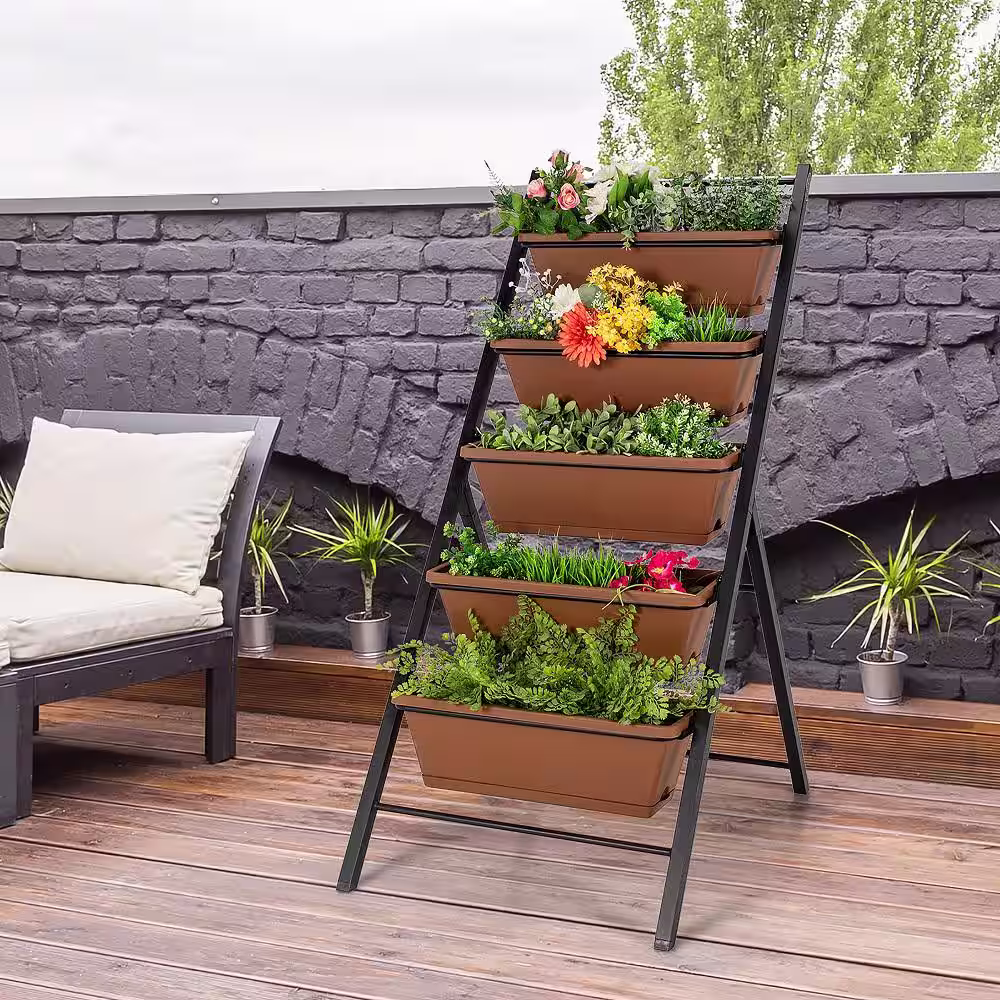 Costway 29 in. x 22.5 in. x 48.5 in. 5-Tier Brown Plastic Garden Planter Box Elevated Raised Bed with Container
