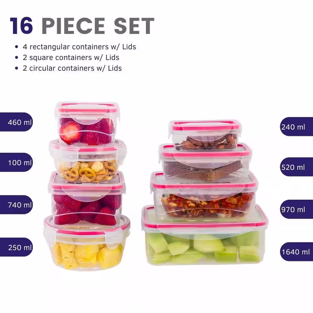 None 16-Piece Durable Meal Prep Plastic Food Containers with Snap Lock Lids - Red