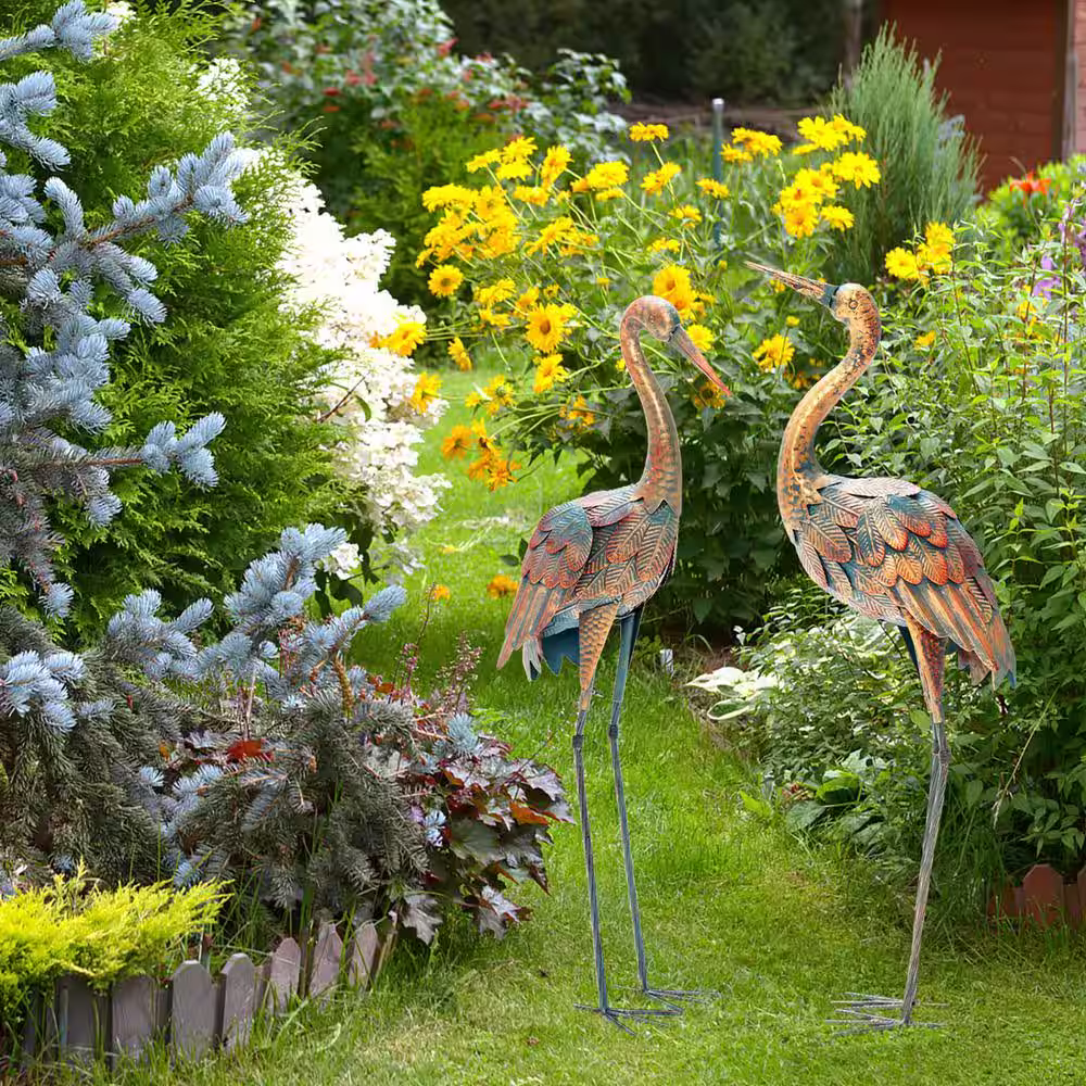 None Freestanding Bronze Metal Crane Garden Statue (2-Pack)