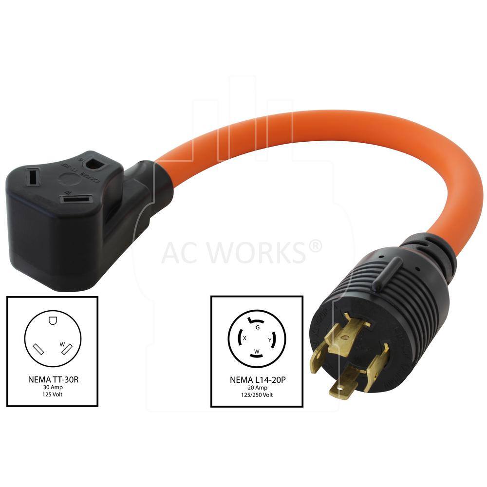 AC WORKS AC Connectors 1.5 ft. 10/3 L14-20P 20 Amp 4-Prong Locking Plug to 30 Amp RV Generator Adapter