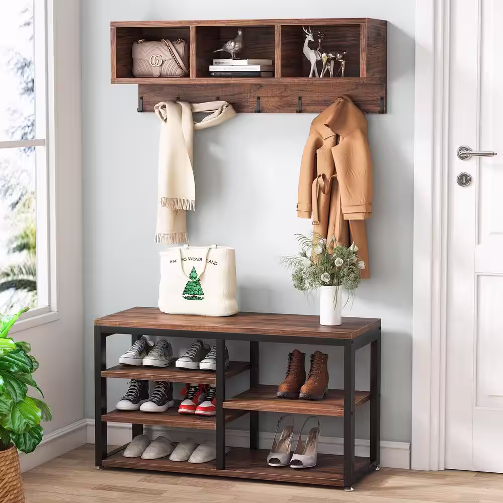 TRIBESIGNS WAY TO ORIGIN Cezalinda Brown Hall Tree Shoe Storage Cabinet with Drawer Flip Shelves Wall Mount Rack