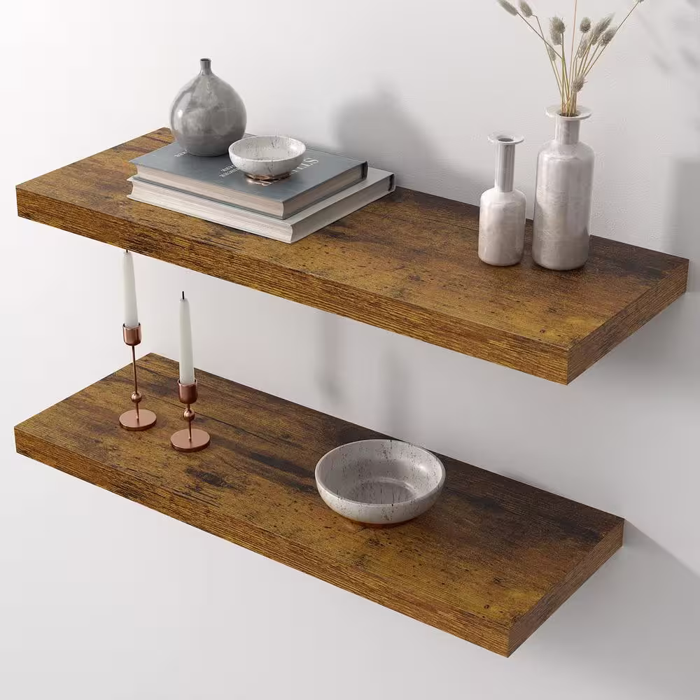 None 23.6 in. W x 9 in. D Rustic Brown Floating Decorative Wall Shelf Set of 2