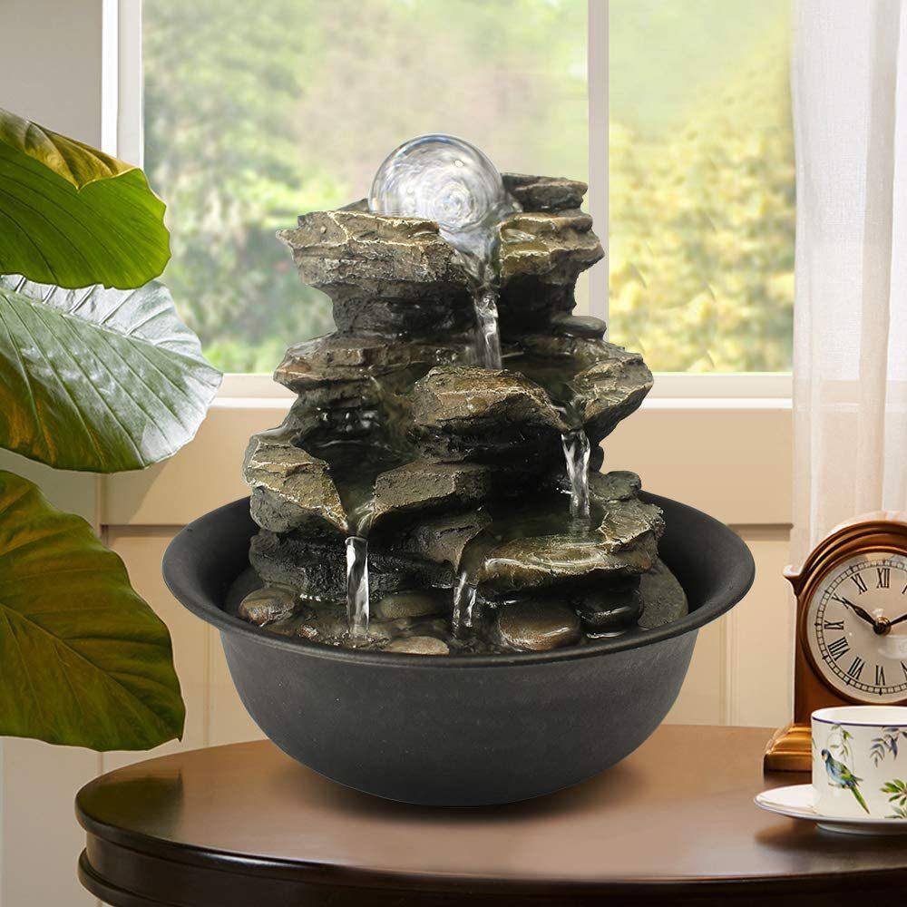 None 4-Tier 8.3 in. Rock Cascading Tabletop Fountain with LED Light