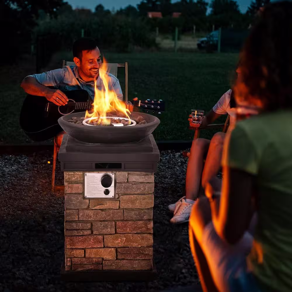 Gymax 40,000 BTU Burning Fire Bowl Column Propane Patio Yard with Lava Rocks