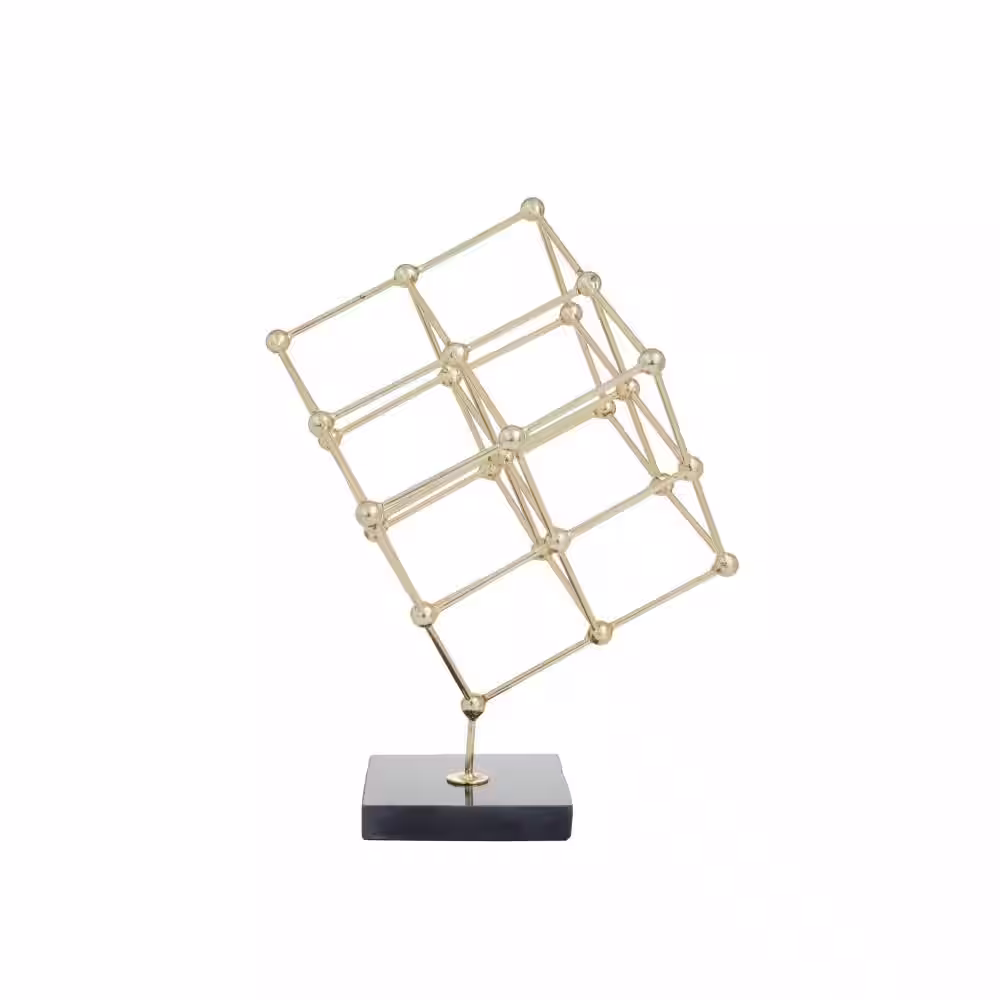 None Gold Marble Geometric Sculpture with Black Base