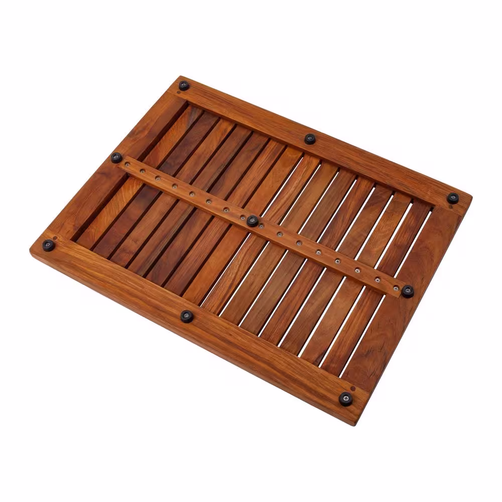 None Oiled Brown Teak Indoor and Outdoor Shower/Bath Mat with Frame 23.6 in. x 17.7 in.