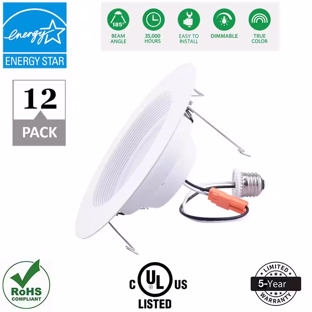 Simply Conserve 5 in. and 6 in. Retrofit 2700K Remodel Non-IC Rated Integrated LED Recessed Light Kit with White Trim (12-Pack)