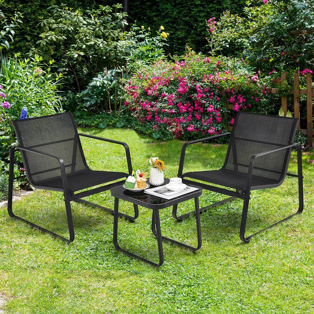 Costway 3-Piece Glass Patio Bistro Furniture Set Top Table Garden Deck Black