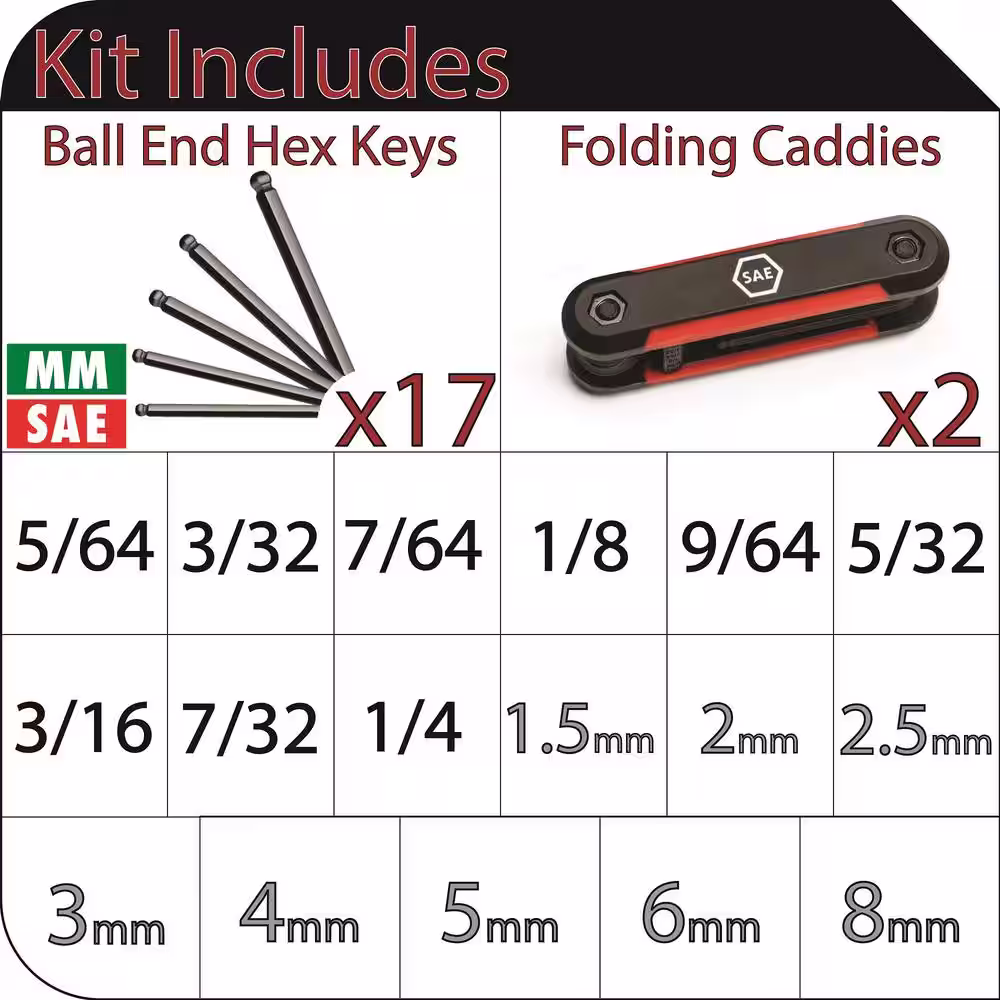 Husky Ball End Folding Hex Key (9-Pieces SAE and 8-Pieces MM)
