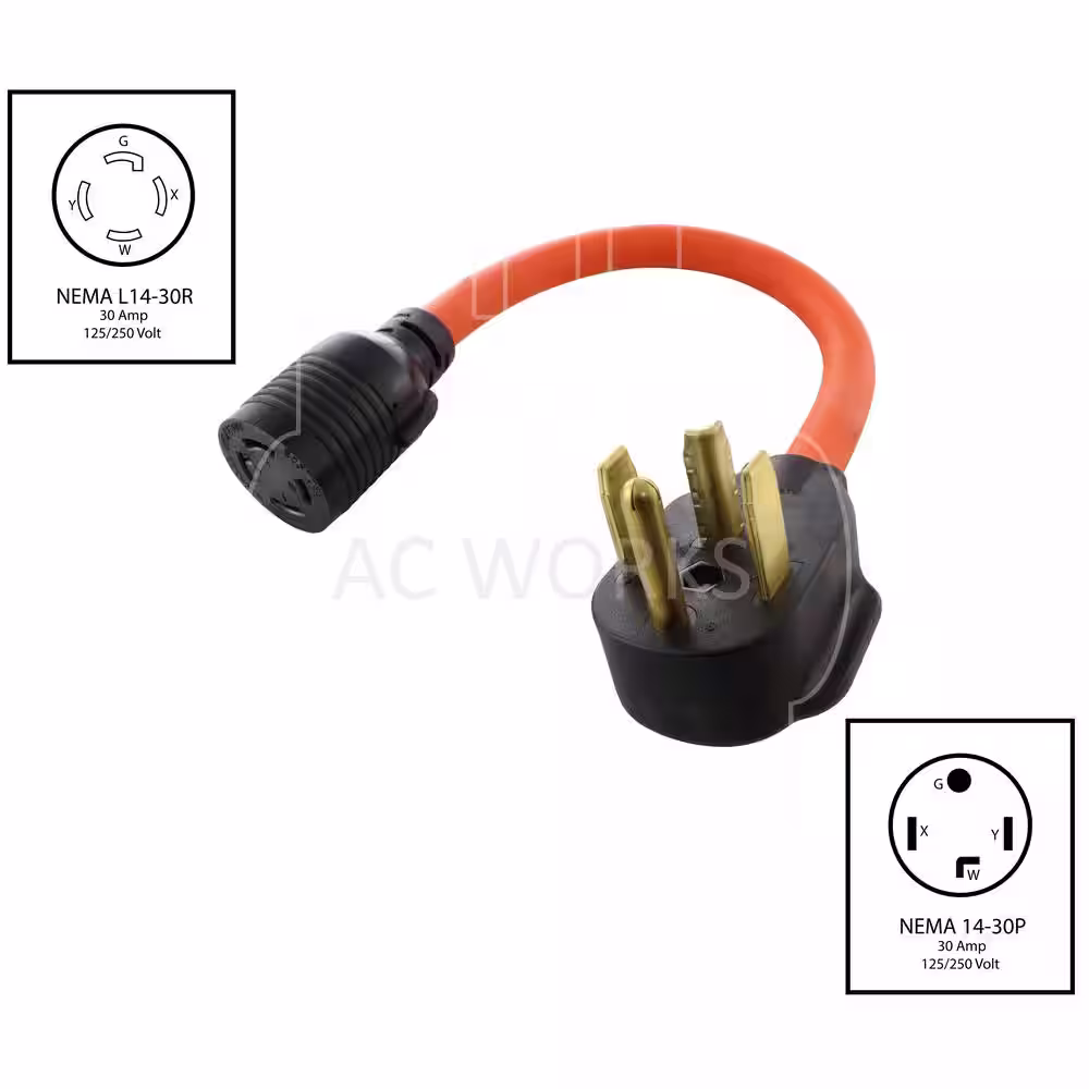 AC WORKS AC Connectors 1.5 ft. 10/4 30 Amp 4-Prong Dryer Plug to L14-30R 4-Prong 30 Amp Generator Locking Female
