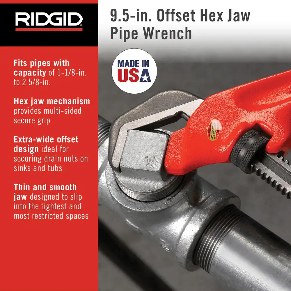 RIDGID 9-1/2 in. Offset Hex Jaw Pipe Wrench, Sturdy Plumbing Pipe Tool with Hex Jaw Mechanism for Extra Wide Opening
