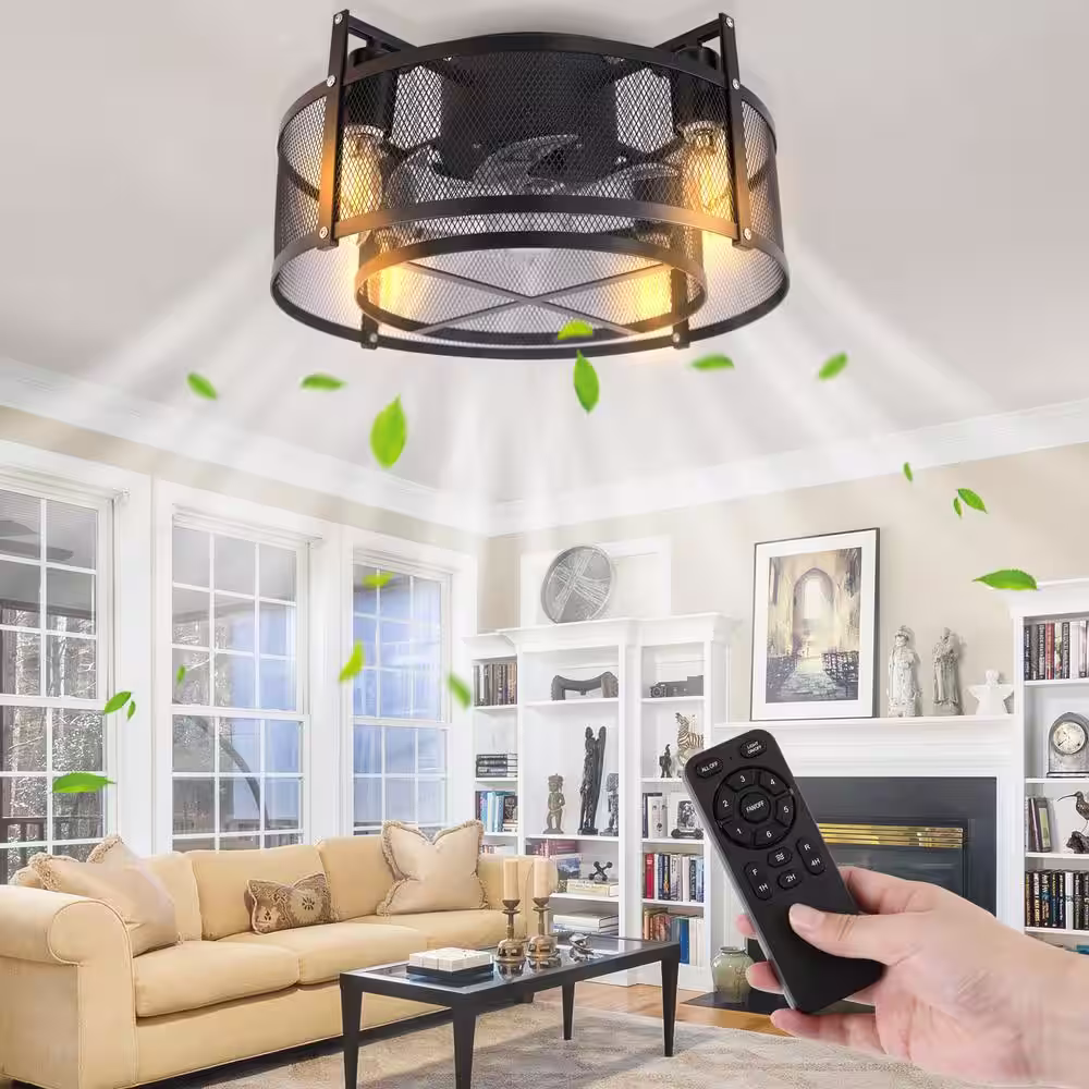 None 16 in. Industrial Style Indoor 4-Light Black Caged Ceiling Fan with Light and Remote Control, Reverse Airflow
