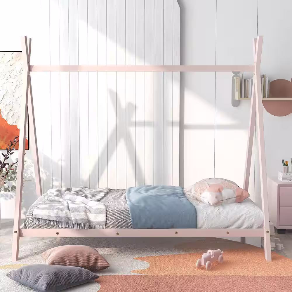 None Pink Metal Twin Size House Bed Tent Bed Frame with Roof, Floor Kids Play House Bed Platform Bed Frame with Solid Slats