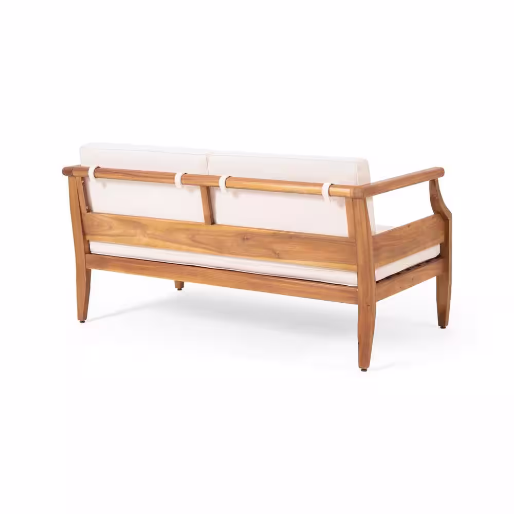 Noble House Aston Teak Brown 2-Piece Wood Patio Conversation Seating Set with Cream Cushions