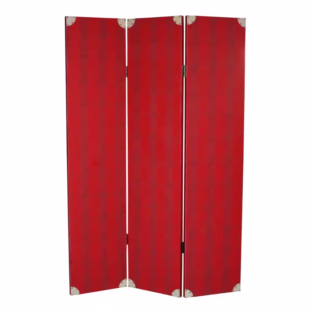 Benjara Red 3-Panel Transitional Wooden Screen with Nailhead Trim