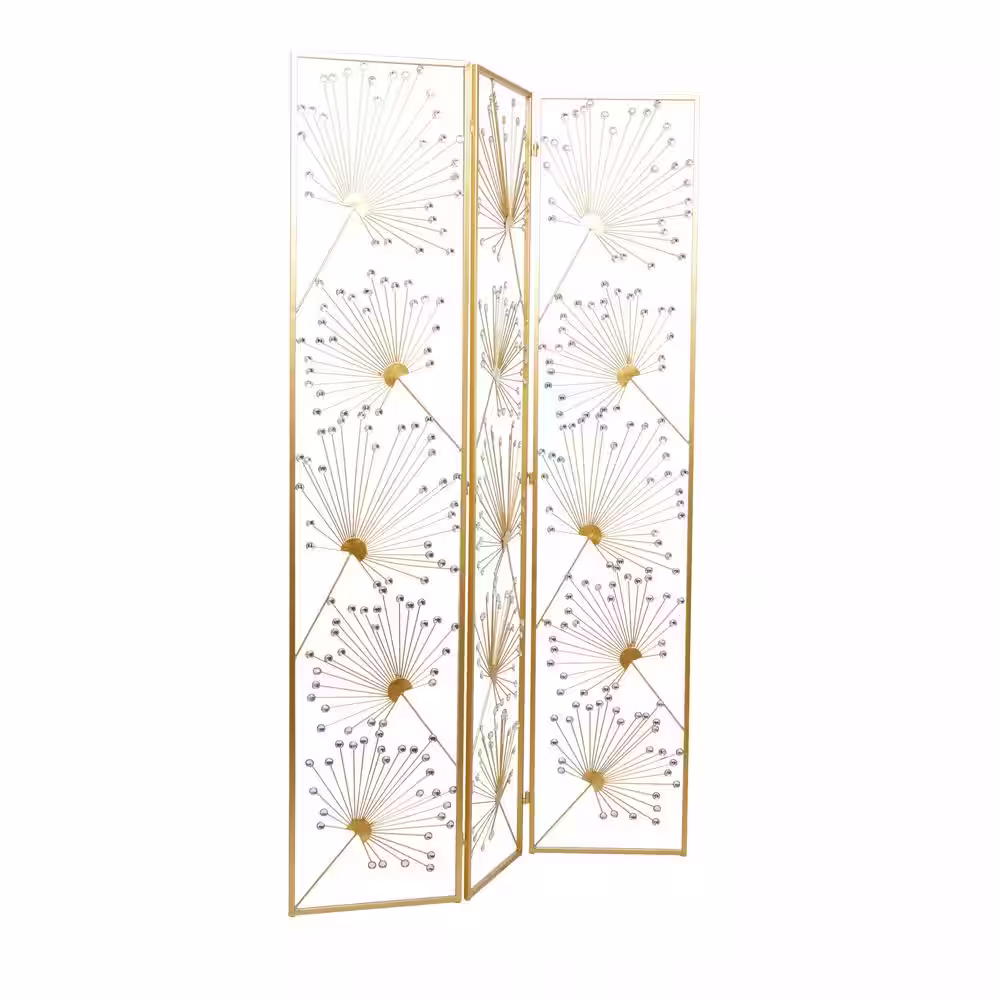 Litton Lane 6 ft. Gold 3 Panel Floral Hinged Foldable Partition Room Divider Screen with Crystal Embellishments