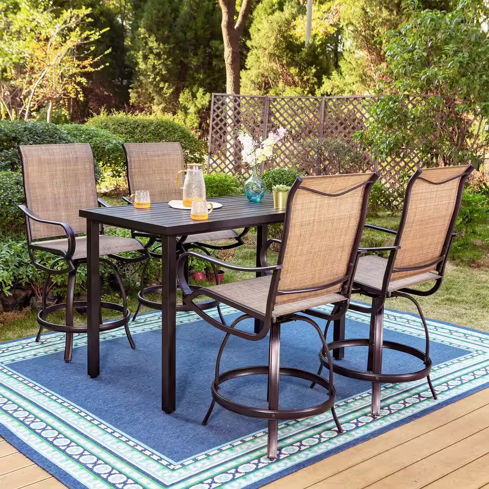 None 5-Piece Metal Rectangle Outdoor Bar Height Dining Set with Textilene Bar Stools