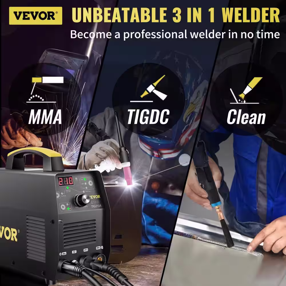 VEVOR 3 in 1 HF TIG/Stick/Clean Welder 210 Amp Digital Arc Welding Machine 110/220-Volt Dual with USB IGBT Inverter and Torch
