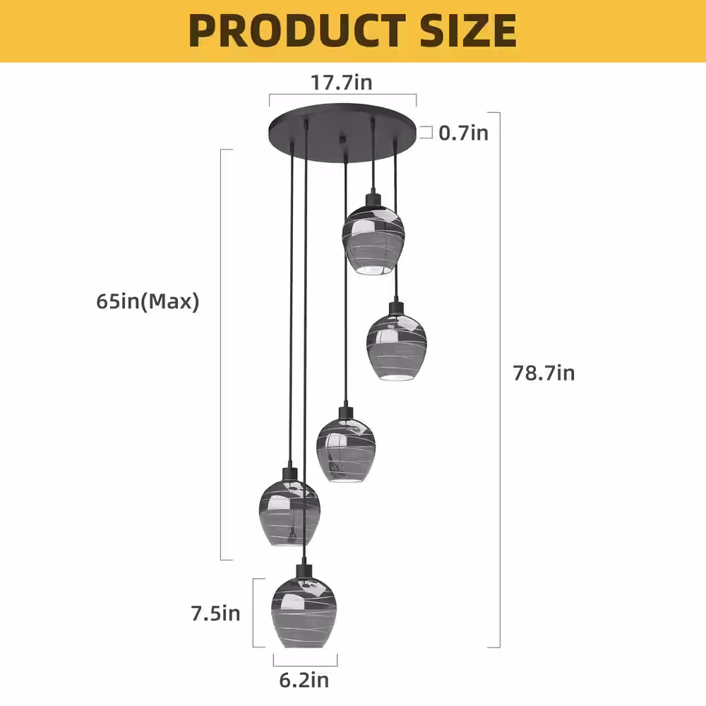 FestaLed 5-Light Black Modern Hanging Pendant Light Chandelier with Globe Glass Shade for Kitchen Island Living Room Dining Room
