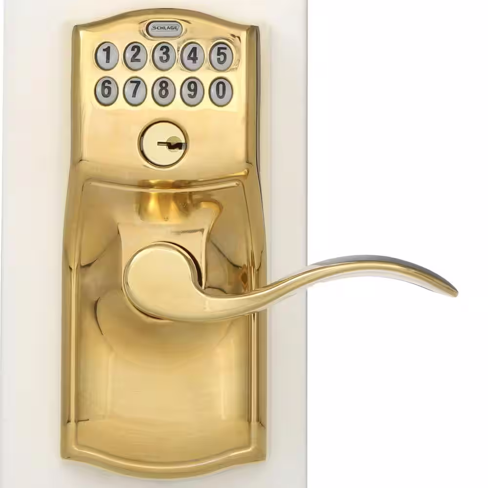 Schlage Camelot Bright Brass Electronic Keypad Door Lock with Accent Handle and Flex Lock