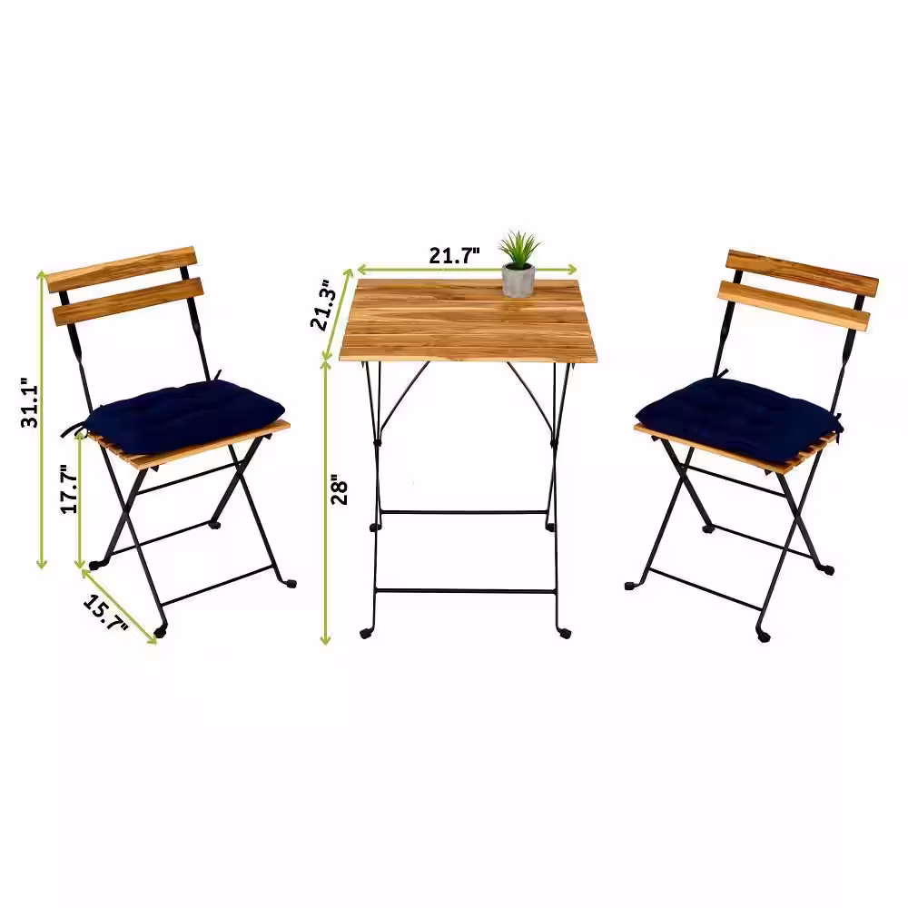 None 3-Piece Wood Folding Outdoor Bistro Set with Table, 2 Chairs and Navy Blue Cushion