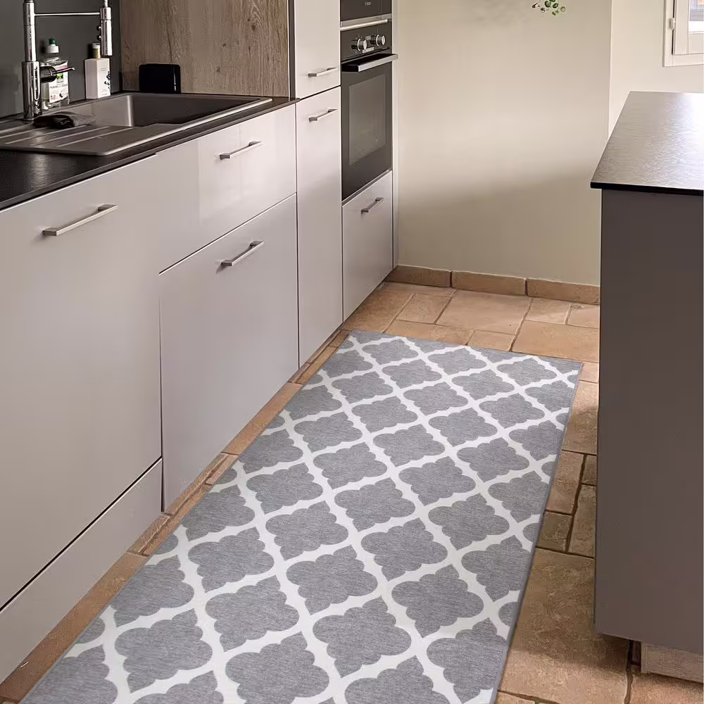 My Magic Carpet Moroccan Trellis Grey 2.5 ft. x 7 ft. Machine Washable Runner Rug