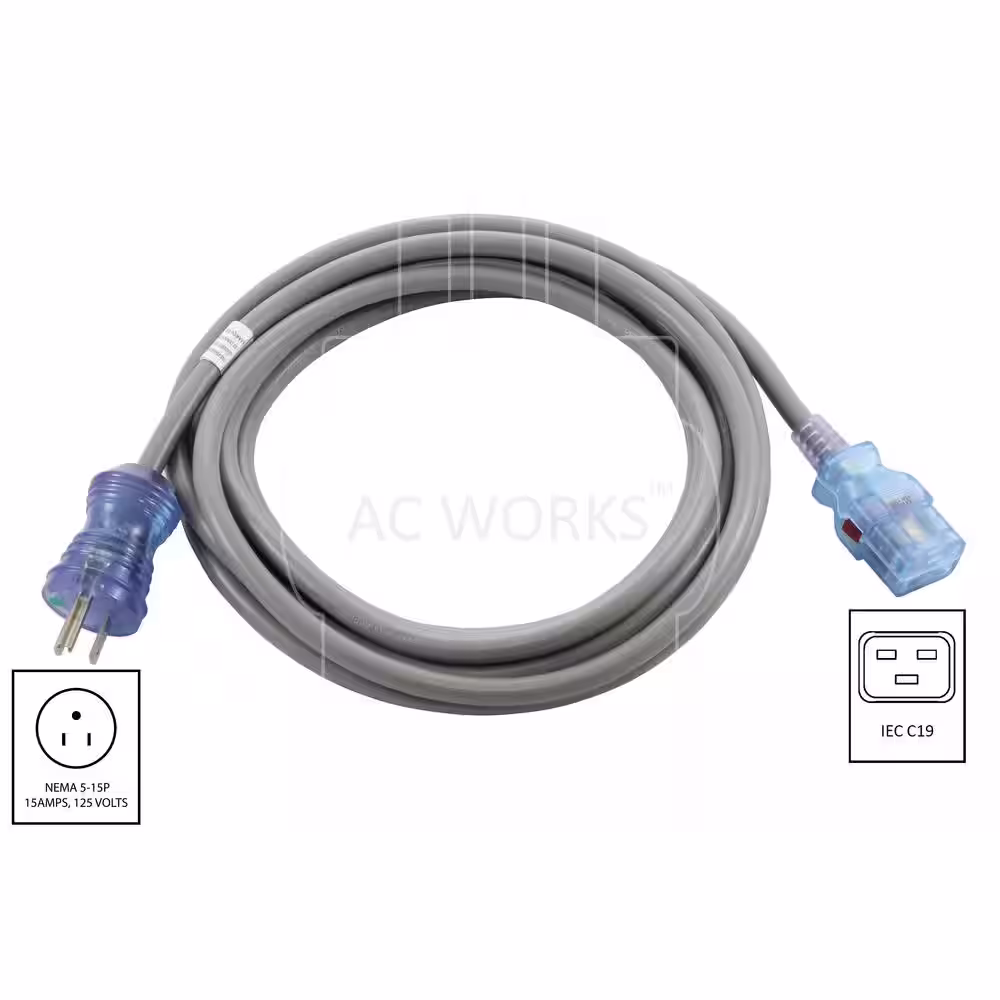 AC WORKS AC Connectors 15 ft. 14/3 SJTW 15 Amp Hospital/Medical Grade Power Cord with Locking IEC C19