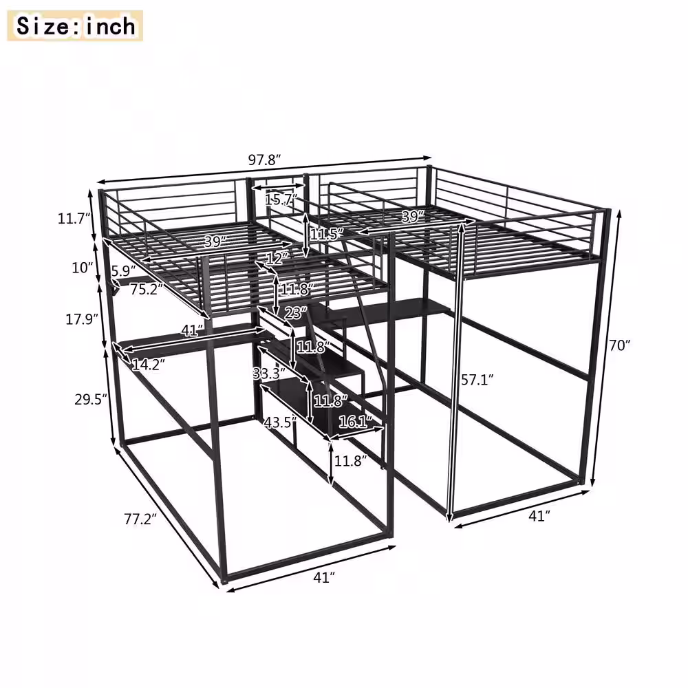 Harper & Bright Designs Black Double Twin over Twin Metal Bunk Bed with Desk, Shelves and Storage Staircase