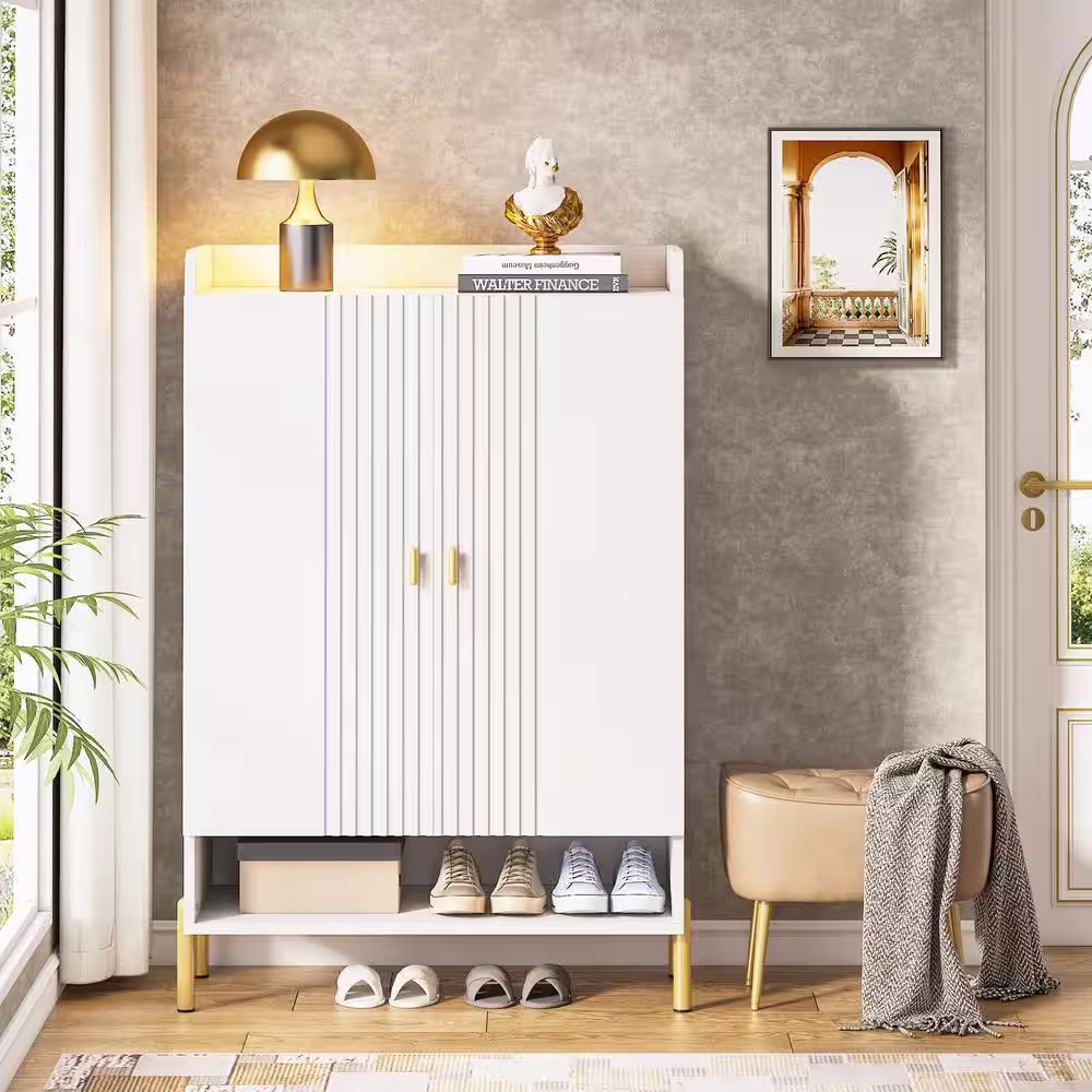 None 43.3 in. H White 24-Pairs Shoe Storage Cabinet, Freestanding Wood Shoe Rack with Doors for Entryway