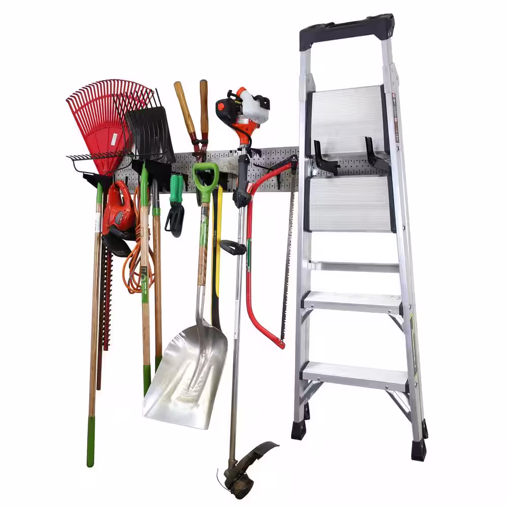 Wall Control 8 in. H x 64 in. W Garage Tool Storage Lawn and Garden Tool Organization Rack w/ Grey Metal Pegboard and Black Hook Set