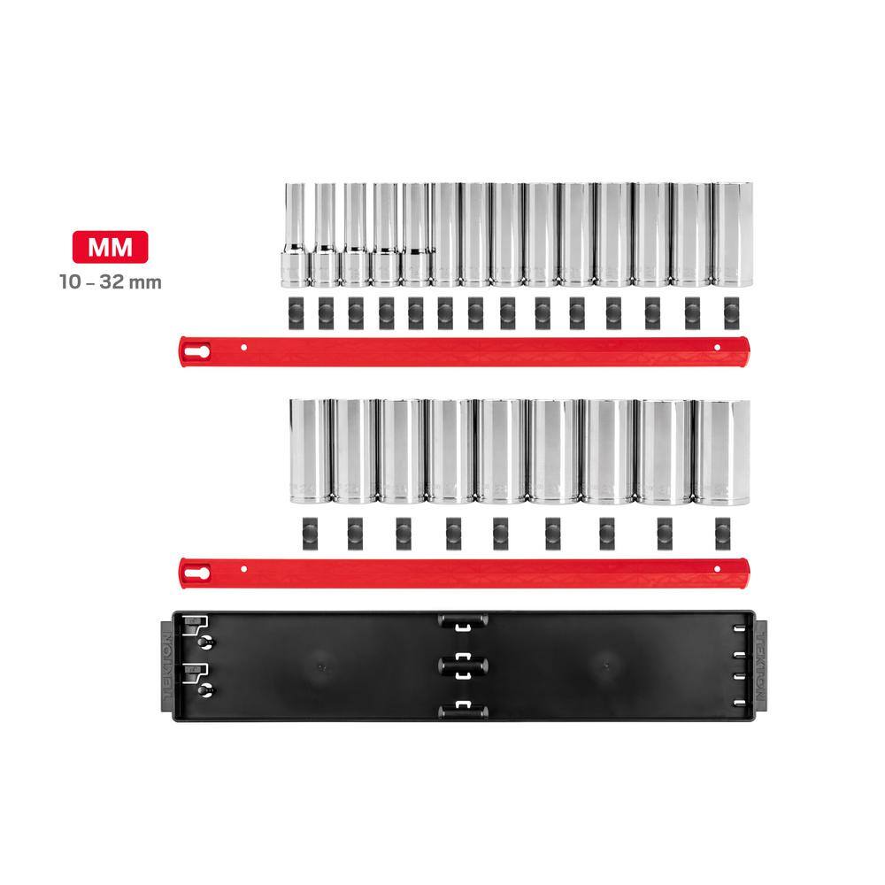 TEKTON 1/2 in. Drive Deep 12-Point Socket Set with Rails (10 mm-32 mm) (23-Piece)