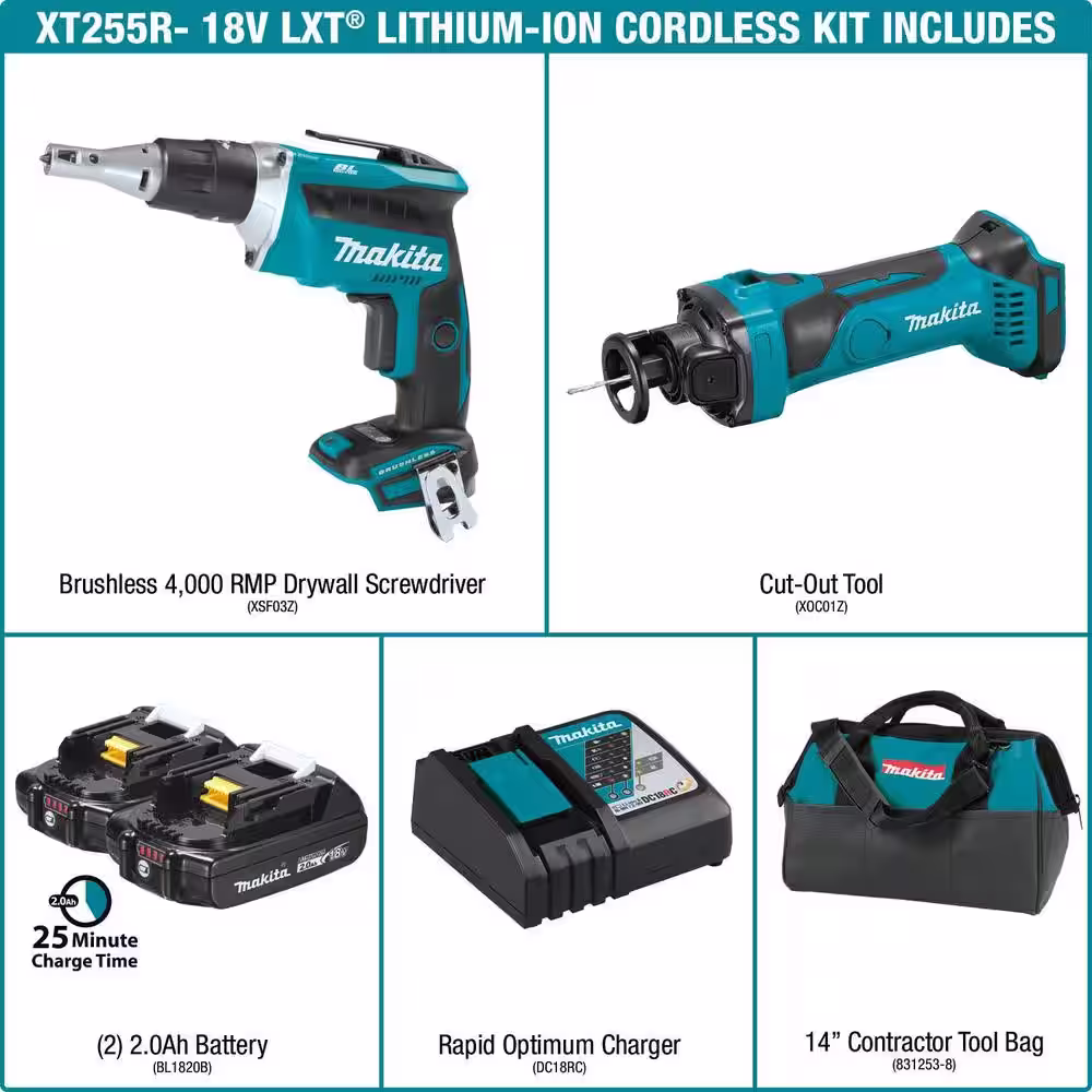 Makita 18V 2.0Ah LXT Lithium-Ion Compact Cordless Combo Kit (2-Piece) (Brushless Drywall Screwdriver/ Cut-Out Tool)