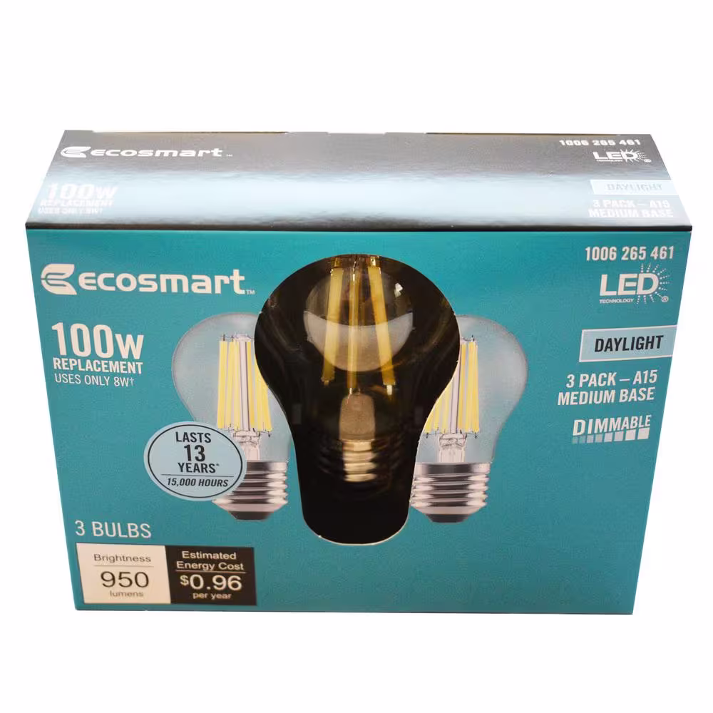 EcoSmart 100-Watt Equivalent A15 Dimmable Appliance Fan Clear Glass Filament LED Vintage Edison Light Bulb Daylight (3-Pack)