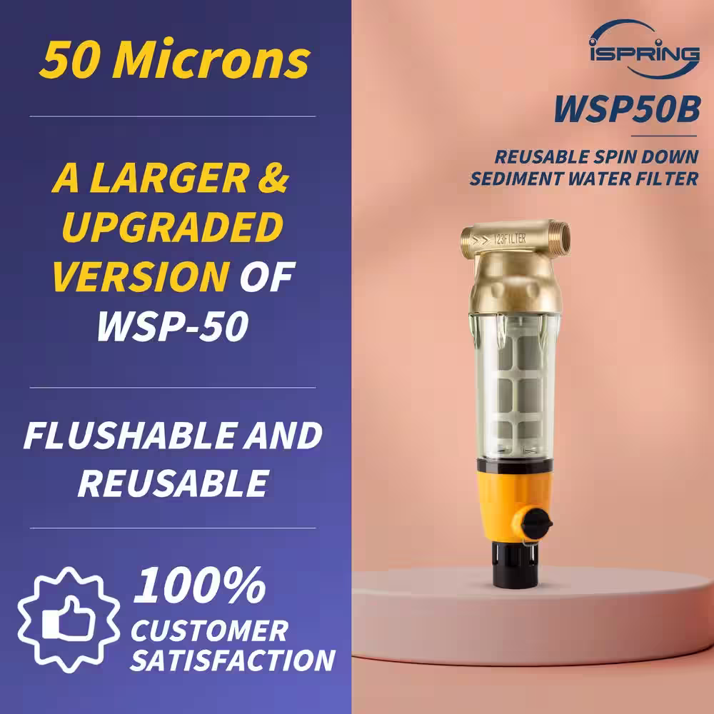 ISPRING WSP50B Large Whole House Spin-down Sediment Water Filtration System w/ Scraper and Brass Top Clear Housing, 50 Micron