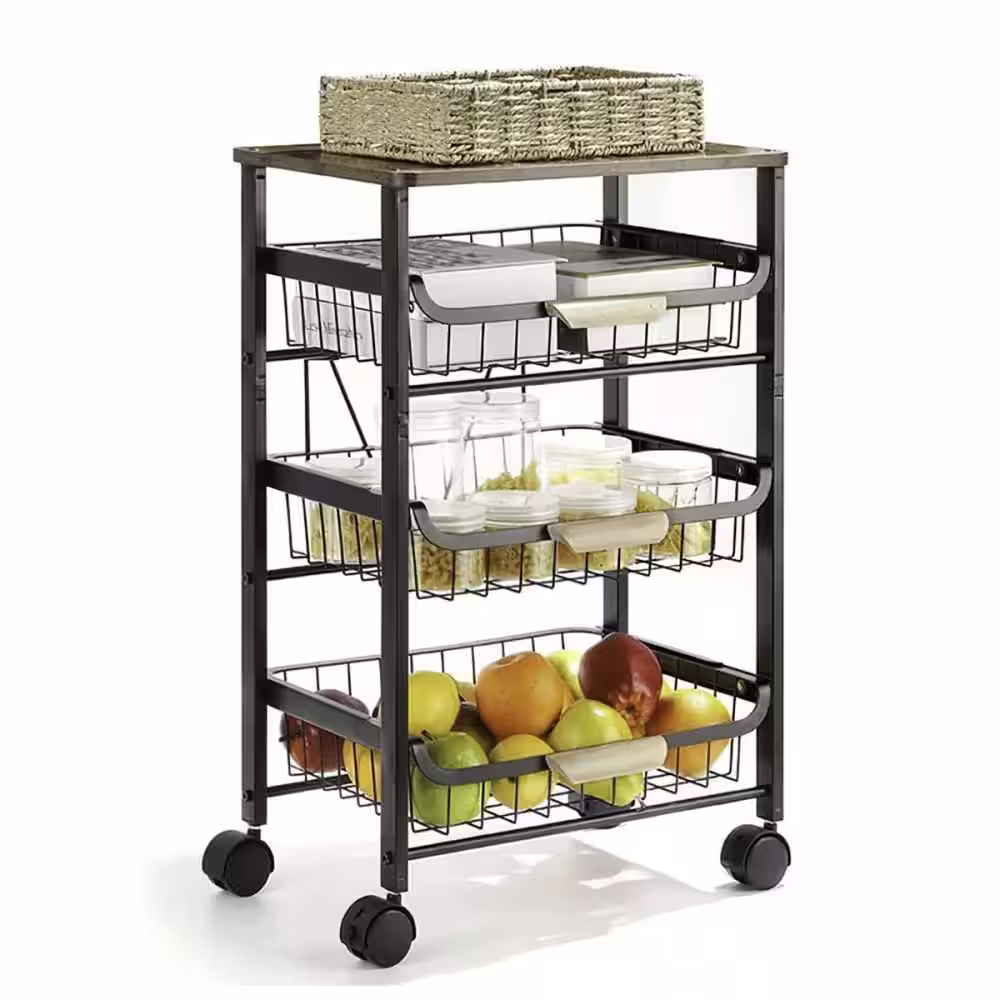 None 1-Piece 4-Tier Black Metal Wire Fruit Basket Shelf Rolling Storage Cart with Lockable Wheels