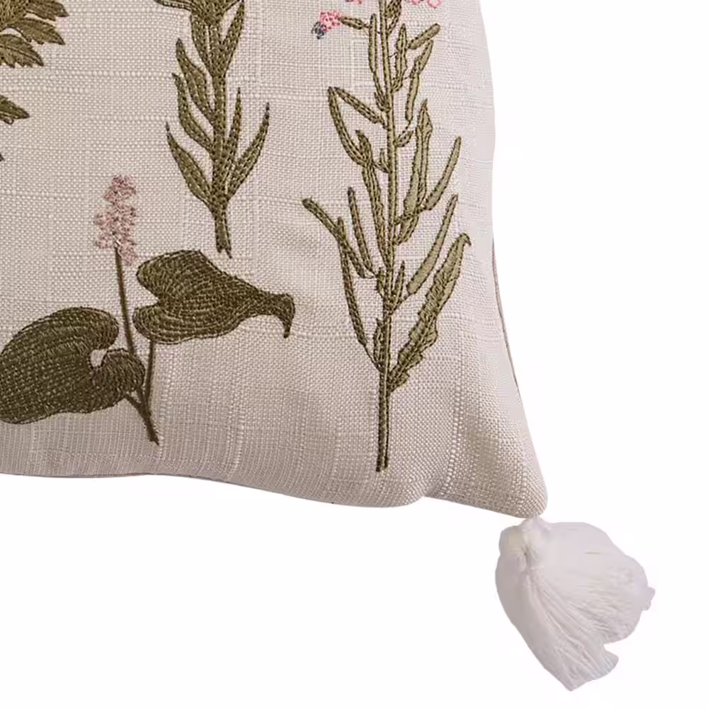 None Apolonia Cream Floral Embroidered 18 in. x 14 in. Throw Pillow