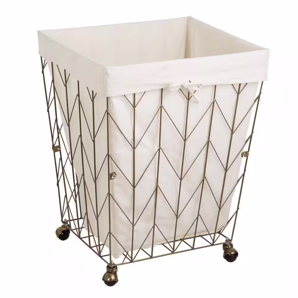 Honey-Can-Do Antique Bronze Chevron Rolling Steel Wire Hamper with Cotton Liner