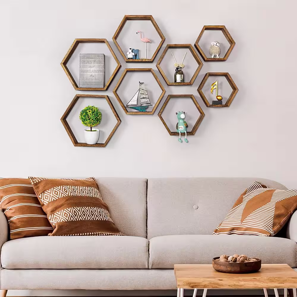 None Hexagon Floating Shelves Honeycomb Shelves for Wall, Brown Set of 8
