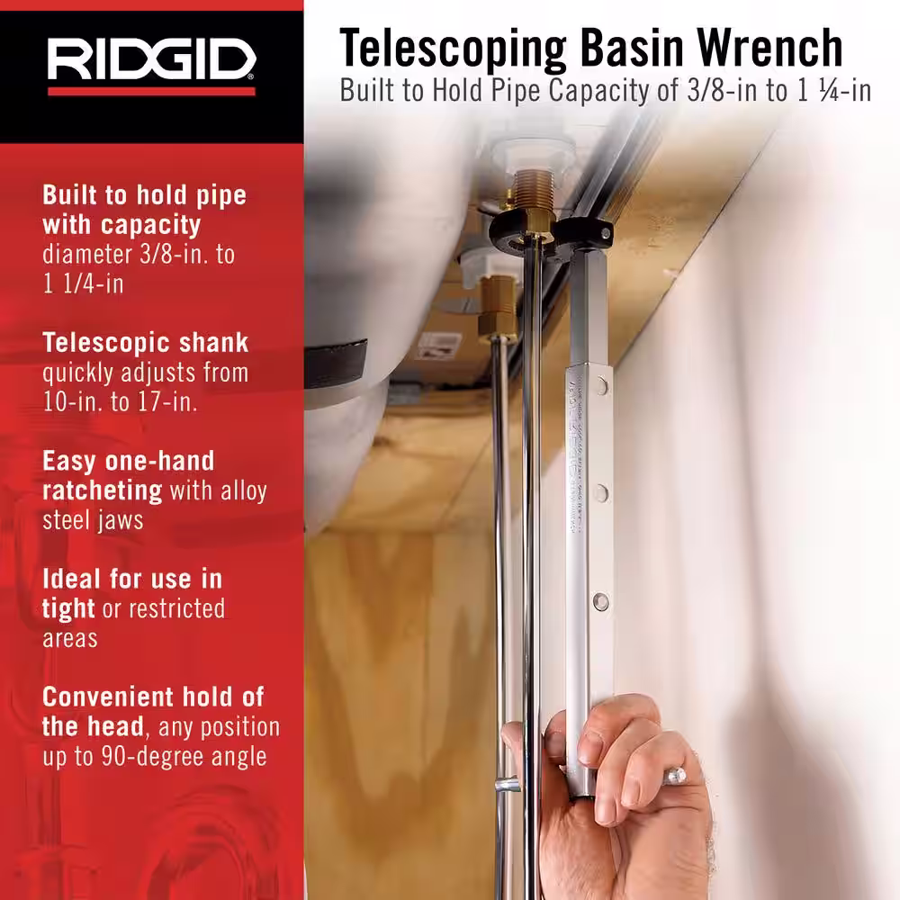 RIDGID 3/8 in. to 1-1/4 in. Adjustable 10 in. to 17 in. Fold Over Telescoping Basin Pipe Wrench For Tight Spaces