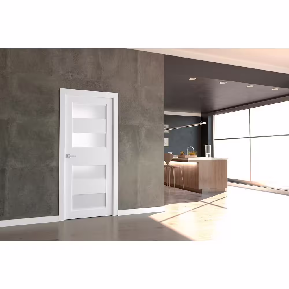 Belldinni Della 36 in. W x 80 in. No Bore 4-Lite Solid Core Frosted Glass Bianco Noble Finished Wood Composite Interior Door Slab