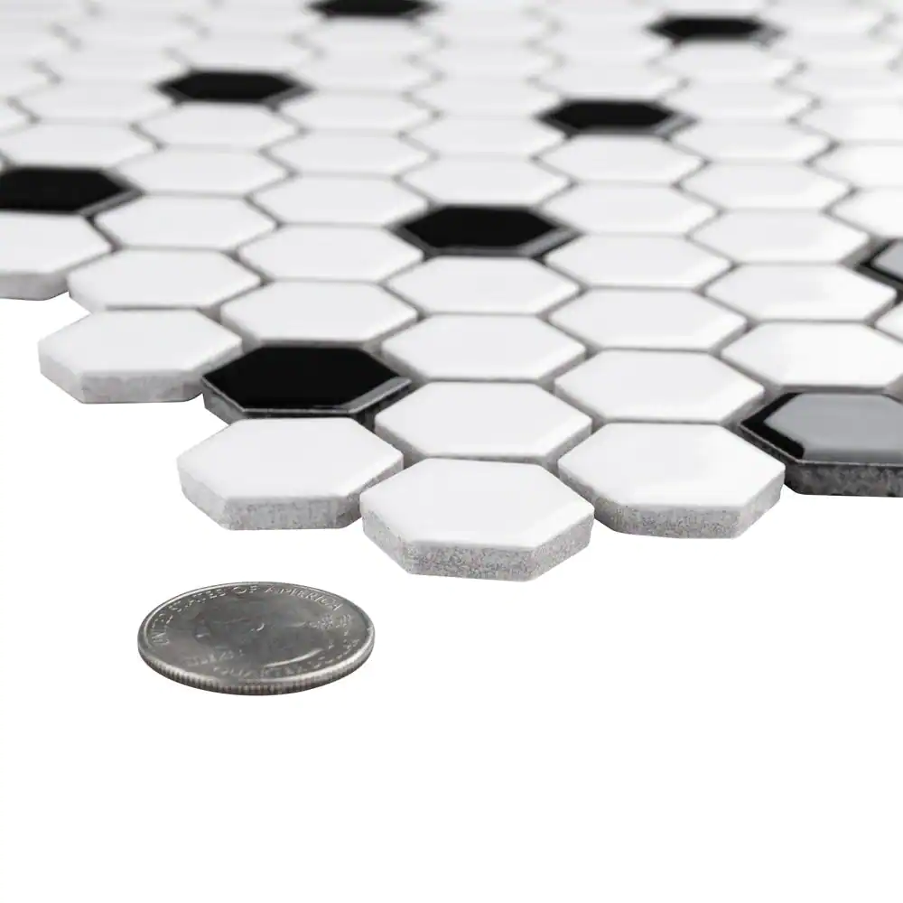 Merola Tile Metro 1 in. Hex Glossy White with Black Dot 10-1/4 in. x 11-7/8 in. Porcelain Mosaic Tile (8.6 sq. ft./Case)