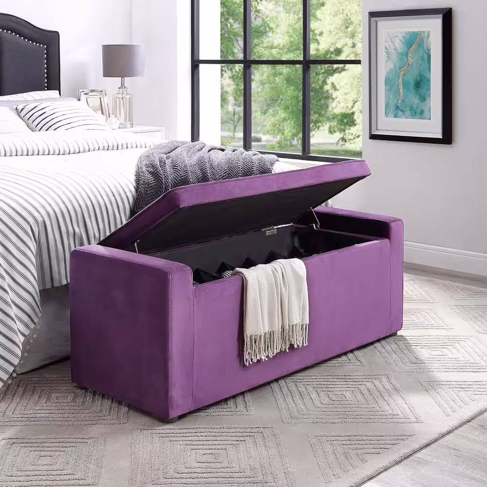 Inspired Home Alejandro 17.7 in. H X 18.5 in. W 14-Pair Purple Velvet Upholstered Shoe Storage Ottoman Bench